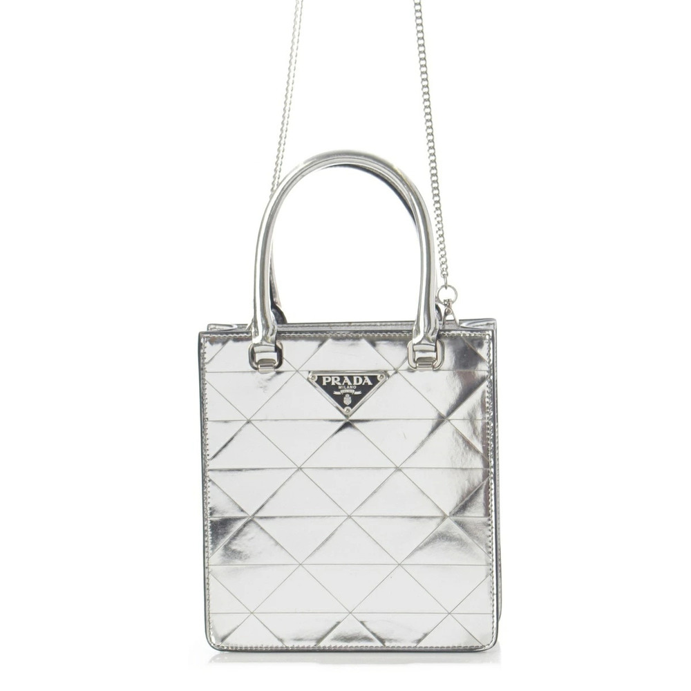 Prada Leather Triangle Chain Hand Shoulder Bag Silver